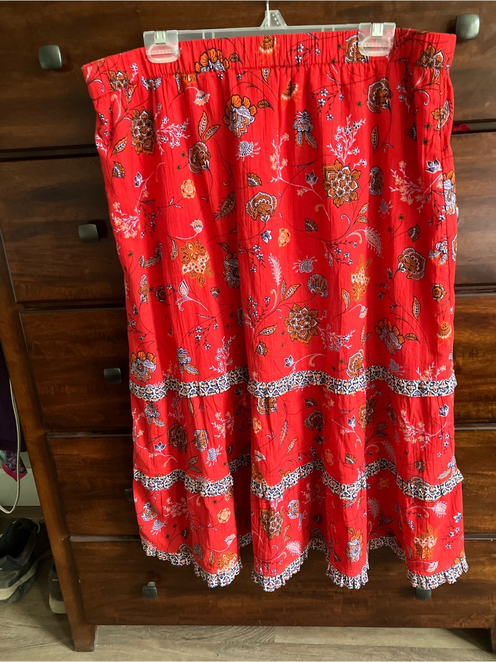 J. Jill Red Floral Tiered Maxi Skirt with Border Trim